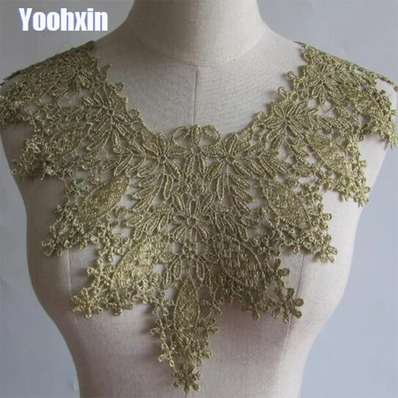 Modern Gold Cotton Embroidery 3D Flower Lace Collar Fabric Sewing Applique DIY Bridal Neckline Ribbon Trim Guipure Wedding Decor | Дом и сад