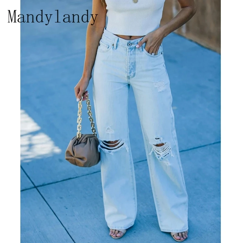 

Mandylandy Jeans Summer Fashion Button High Waist Straight Jeans Women's Casual Solid Color Ripped Jeans