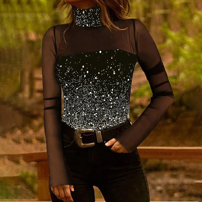 

Autumn Spring Floral Print Ladies Office Shirt Ladies Elegant Long-Sleeved Transparent Mesh Shirt Fashion Patchwork Skinny Tops