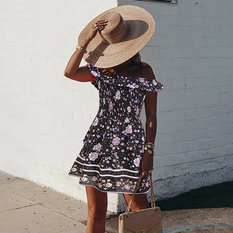 Женское платье с открытыми плечами и цветочным принтом 2020 цельное повседневное