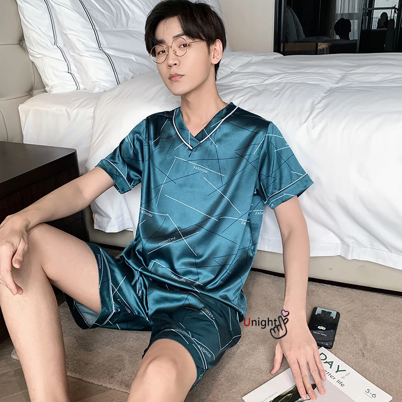 

New Men Pajama Shorts Summer Satin Viscose Pullover Trousers for men Set 3XL Nightwear Casual Sleepwear For Men Silk Pyjama
