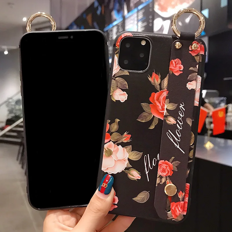 

Wrist Strap Soft TPU Phone Case For iphone 7 8 6 6s plus SE X Xs 11 12 mini Pro max XR Flower Florals Holder Cover Cases