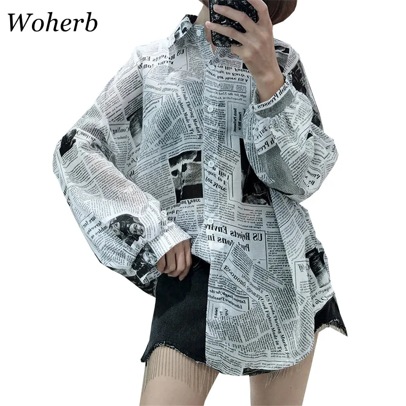 Woherb 2021 размера плюс Для женщин блузки Топы с рисунком для девочек и газета Harajuku
