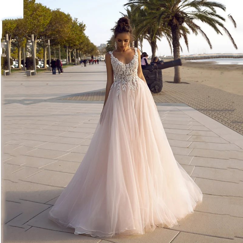 Verngo-vestido de novia de tul Rosa rubor, traje Formal de princesa con Espalda descubierta, para playa, 2020