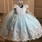 Кружевное бальное платье с аппликацией, платья для девочек с открытой спиной и цветами для свадьбы, с драгоценным вырезом и бисером, наряды для малышей, фатиновое детское платье для выпускного вечера
