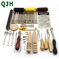 qjh 44pcsset leather craftsewing tools set carving drilling punch edger trench stamp tool include awlwax linethimbleetc