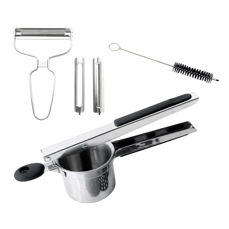 

Stainless Steel Food Masher Press,with 3 Pieces Replaceable Strainer,with Peeler,for Potato Fruit Vegetable Fish Cakes