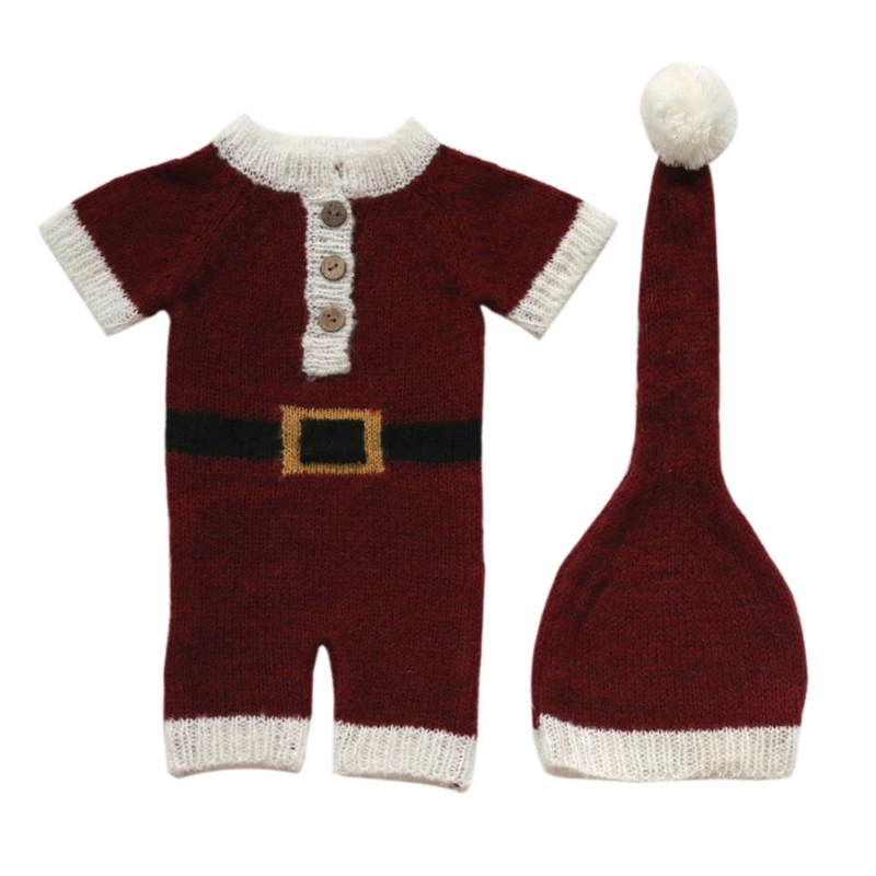 

67JC 2 Pcs Newborn Photography Props Crochet Outfit Baby Romper Hat Set Infants Photo Shooting Beanies Cap Jumpsuit Bodysuit