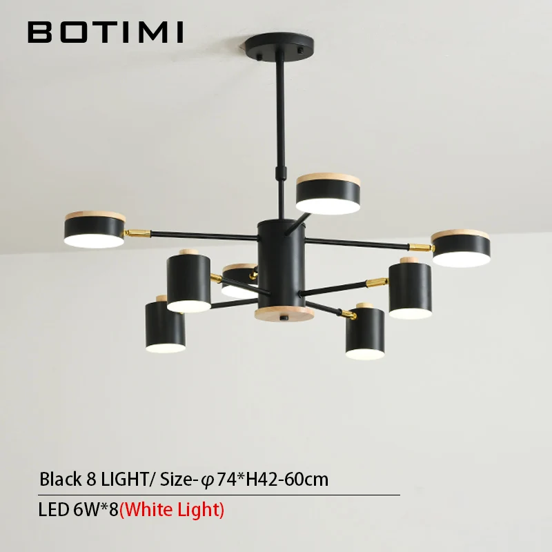 8 Light in Black BOTIMI 220 В светодиодный Люстра с металлическими абажурами для гостиной, деревянная Подвесная лампа для спальни, белый блеск 220 В, декоративные люстры - Цвет абажура: 8 Light in Black