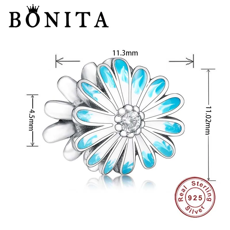 Аутентичные 925 кольцо из стерлингового серебра с голубым цветком ромашки Серьги