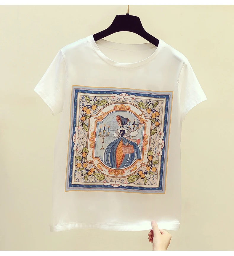 

2021 retro printed T-shirt women's short-sleeved loose white T-shirt fashion top summer new style