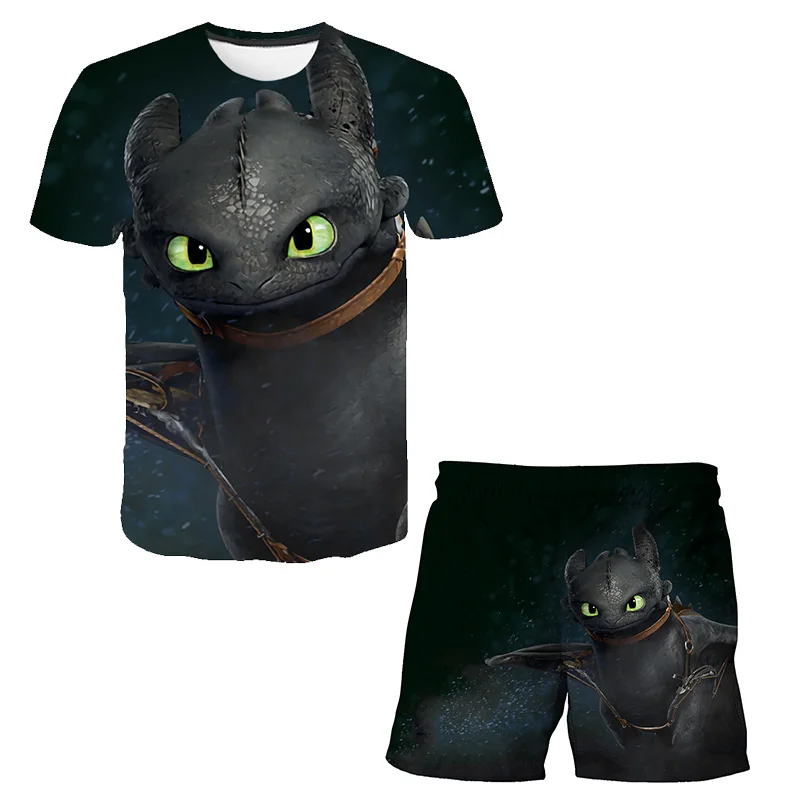 

New Cute Cartoon Dragon 3D Printing T-shirt Summer Boy suit Girl T-shirt Baby Breathable Clothes 4T-14T Top + shorts 2-piece set