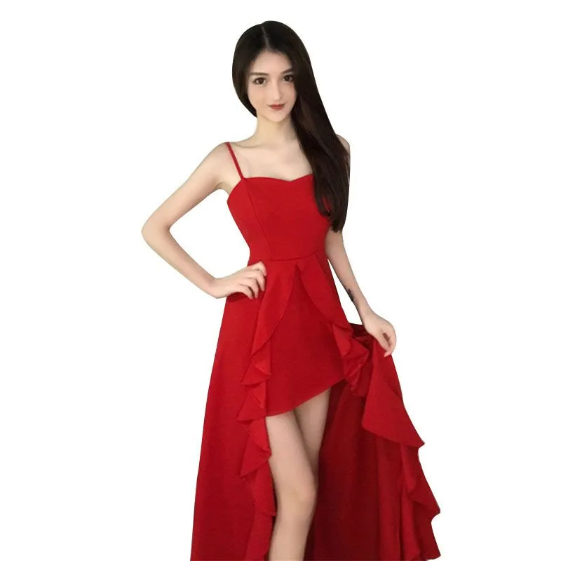 

New Sexy Summer Women Dresses Banquet Noble Fashion Slim Red Evening Dress One-line neck Strap Ruffled Long vestir Female OK760