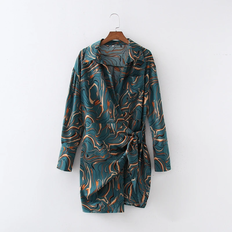 

2021 Fashion Women Print Shirt Dress with Bow Vintage Long Sleeve Sexy Ladies Mini Dress