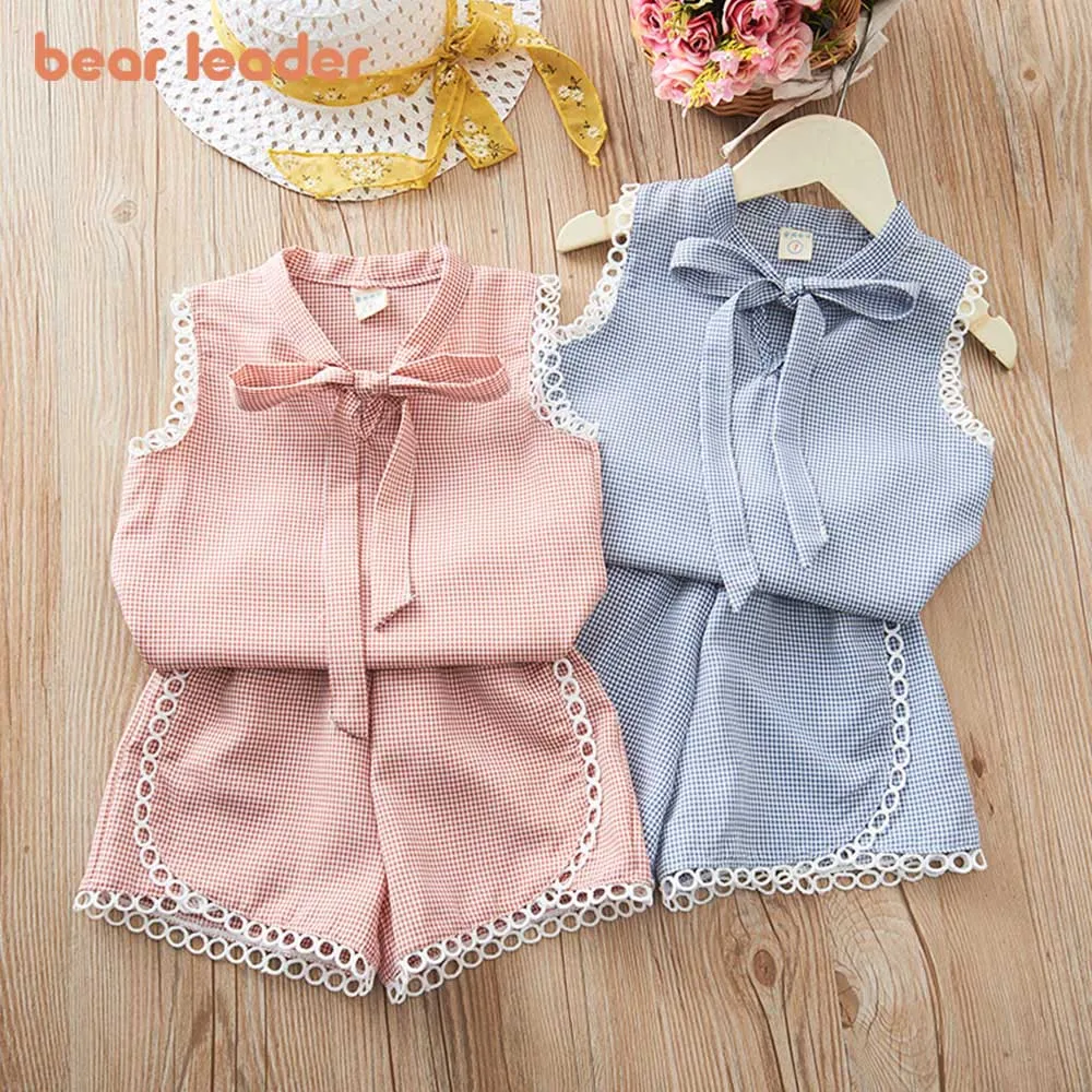 

Bear Leader Kids Clothing Sets 2022 New Summer Fashion Lattice Bowknot Sets White Seaming Children Clothing Outfit