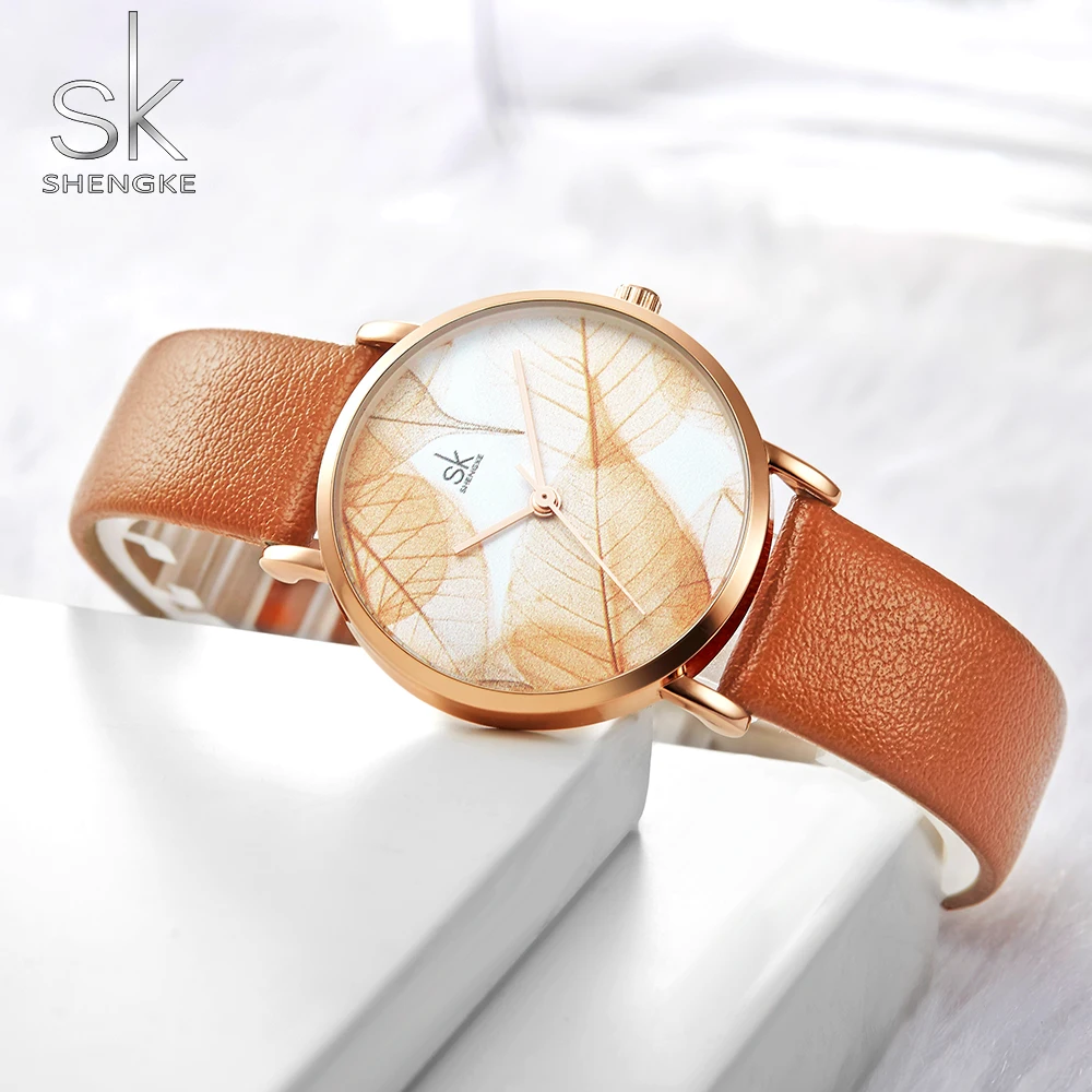 

Shengke Green Dial Slim Leather Strap Quartz Wristwatches Simple Design Ultra Thin Case Fashion New Women Waterproof Watch