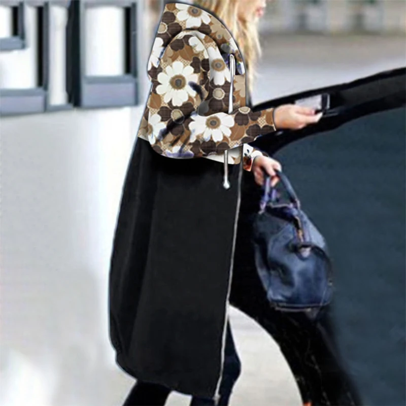 

Fashion Striped Print Patchwork Women Hooded Sweatshirt Autumn Winter Pocket Loose Hoodies Coats Retro Zipper Long Tops Overcoat