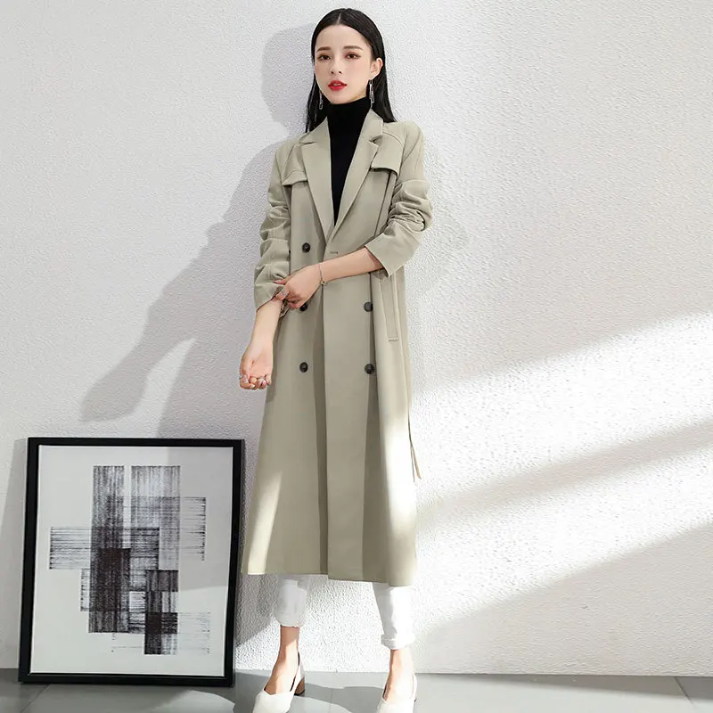 

Double Breasted Coat Belt Long Women 2021 Spring Trend British Style Elegant Office Clothes Ladies Outwear Trench Windbreak