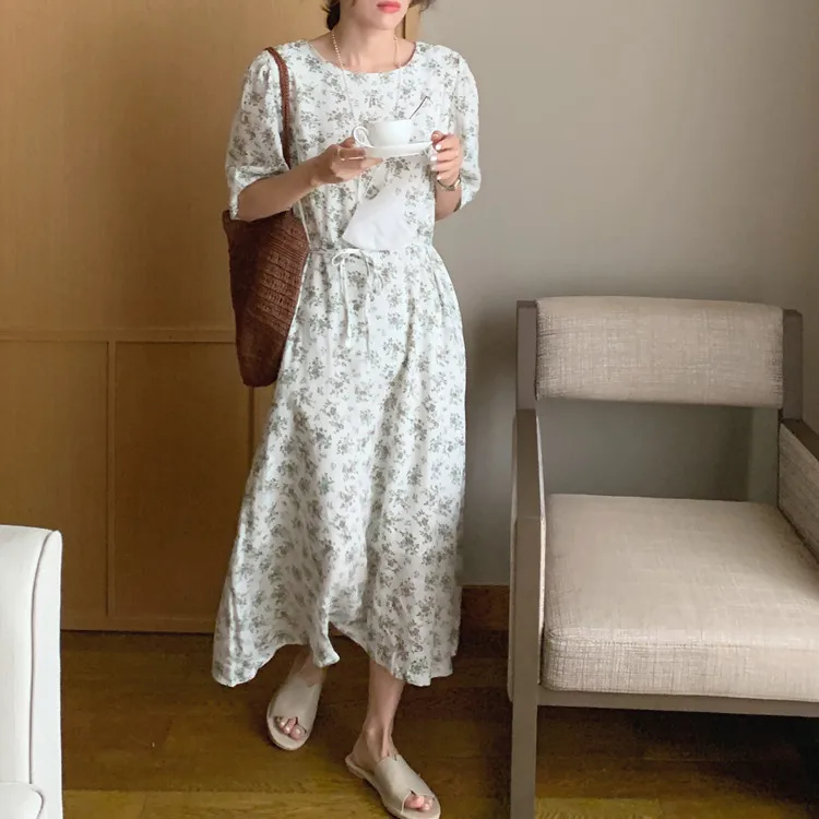 

Miss Don't Be Gentle Floral Tea Break Short-Sleeved Dress Summer New French Style Retro Elegant Waist-Tight Long Dress
