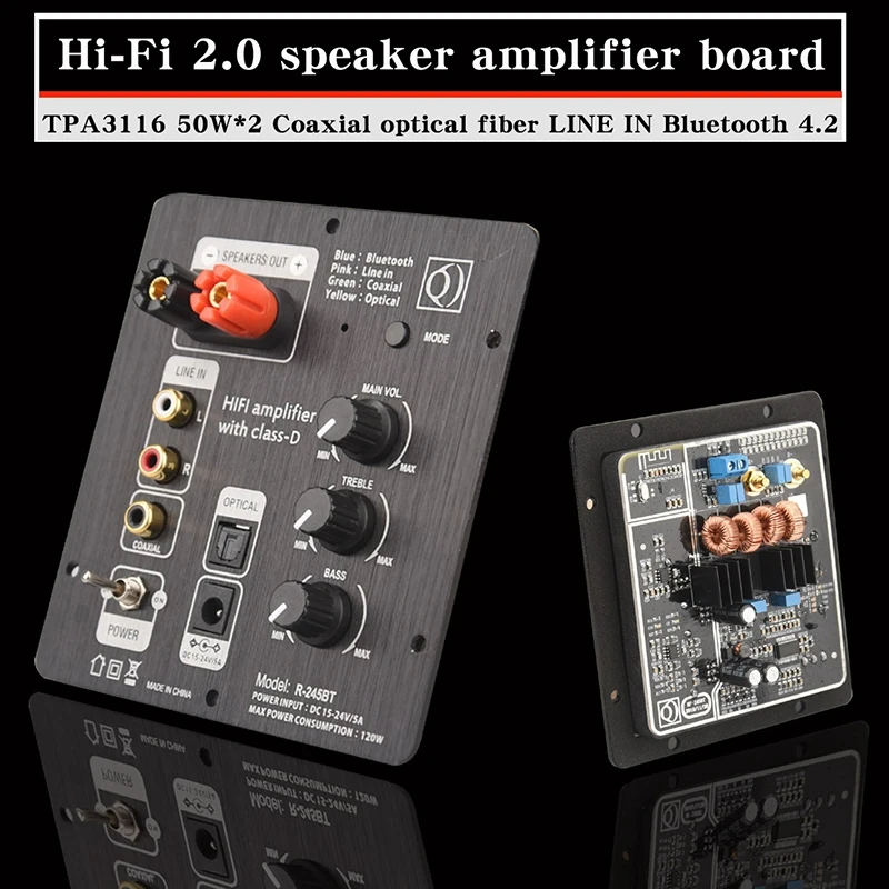 

2.0 Channel Speaker Amplifier Board Audio TPA3116 50Wx2 POWER Output Coaxial Optical Fiber LINE in Bluetooth 4.2