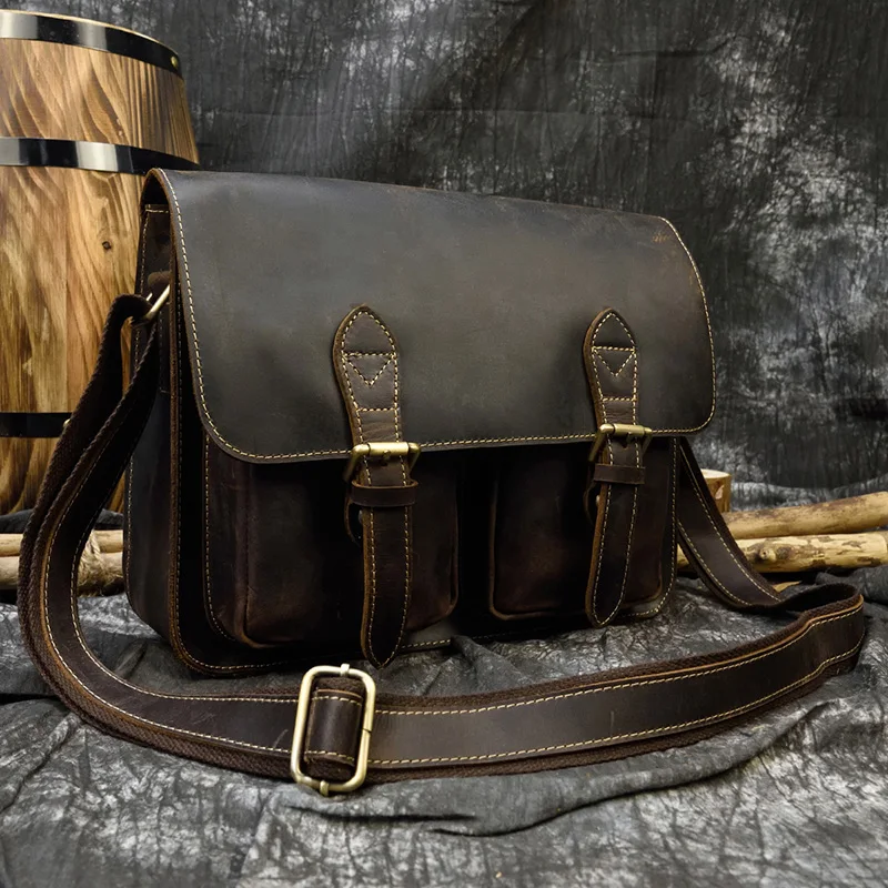 Vintage Genuine Leather Men Bags A4 Crazy Horse Leather Male Crossbody Bag Male Cowhide Messenger Bags For Business School Bags