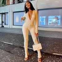fall skinny two piece set women knit v neck long sleeve top and pants female jumpsuits 2 piece outfits sexy femme matching sets