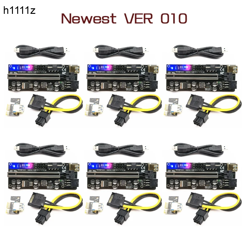6 шт., Райзер 010 USB 3,0 PCIE Райзер PCI Express X16, расширитель, адаптер 010S Plus, карта Райзера GPU SATA, 15 контактов на 6 контактов, светодиодный индикатор питания