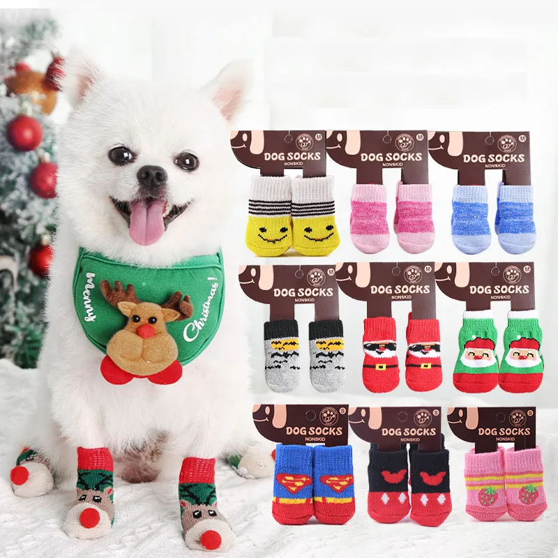 

4Pcs/lot Warm Puppy Dog Shoes Soft Pet Knits Socks Cartoon Anti-Slip Skid Socks Small Dogs Breathable Pet Products Wear Boot
