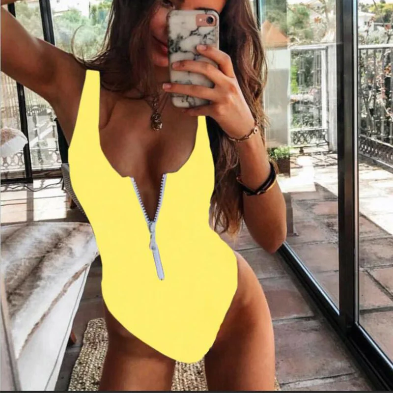 

Однотонный пикантный купальный костюм с высокими штанинами, Женский цельный купальник 2021, одежда для плавания, боди на молнии, стринги, бики...