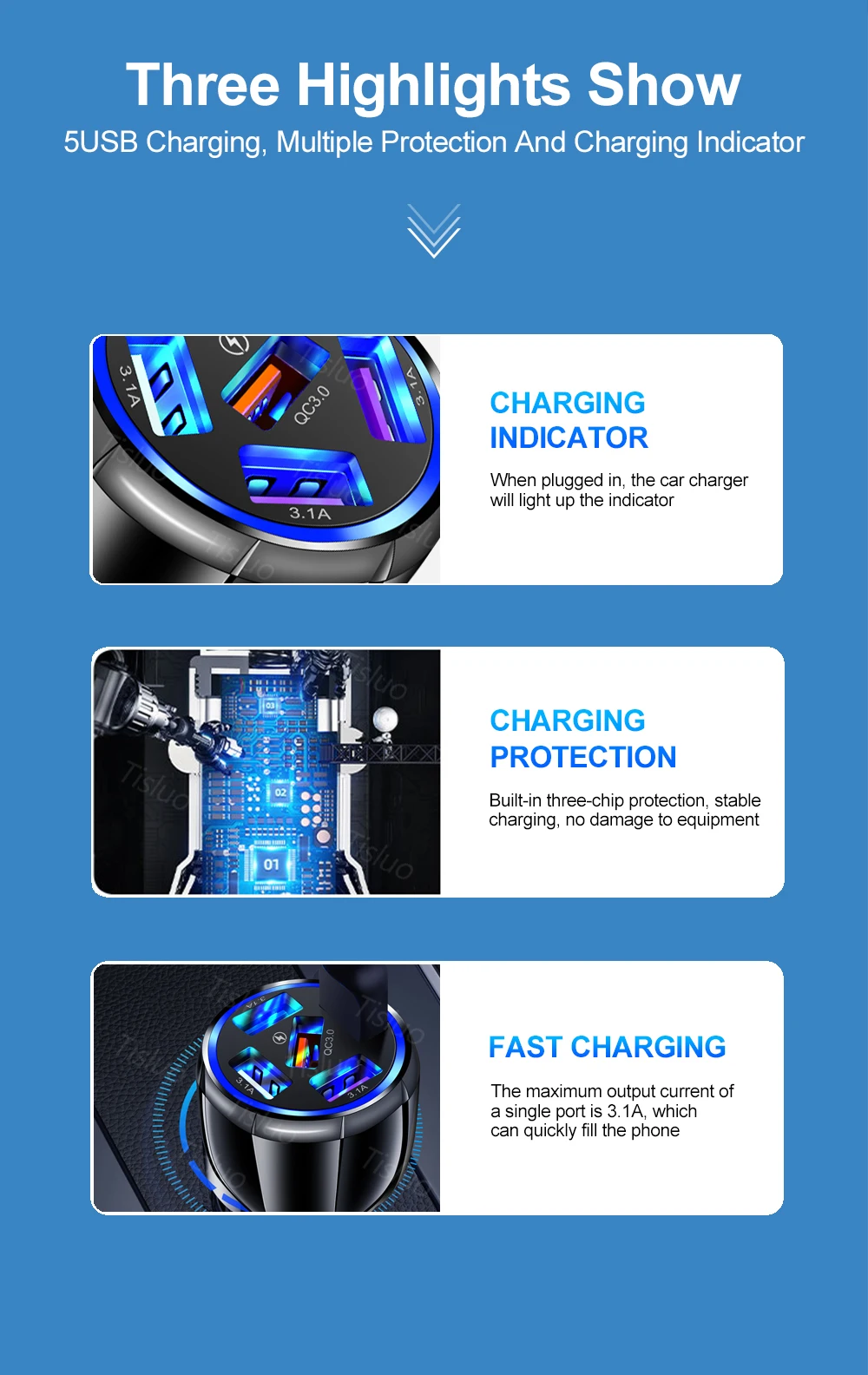 Quick Charge 3.0 Car Charger QC3.0 5 Ports Fast charging Car phone Charger For Samsung  Xiaomi iPhone Car Mobile phone Charger