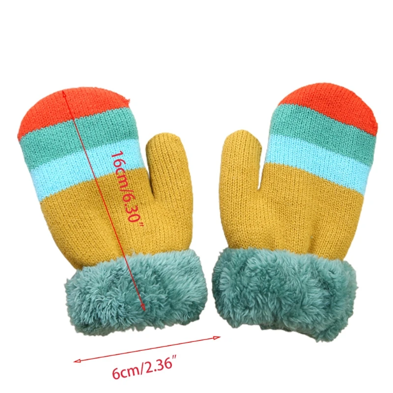 

Kids Winter Thick Plush Lined Full Finger Mittens Rainbow Striped Knitted Thermal Outdoor Cold Weather Windproof Mittens