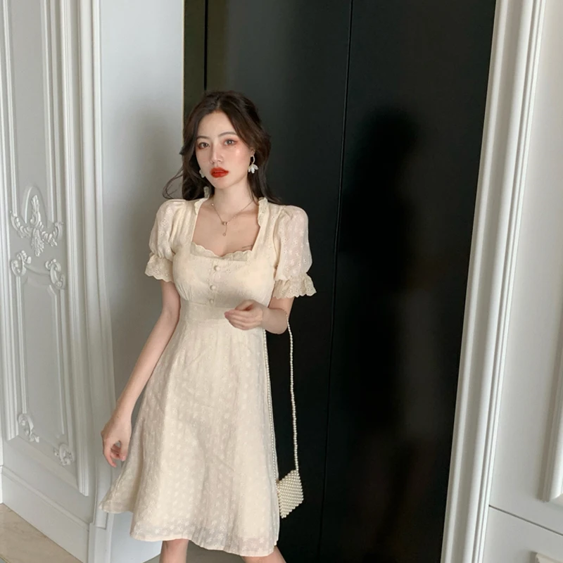 

Dresses For Women 2021 French Sweet Square Collar Dress Y2k Summer Short-Sleeved Waist A-Line White Hollow Out Dresses Vestidos