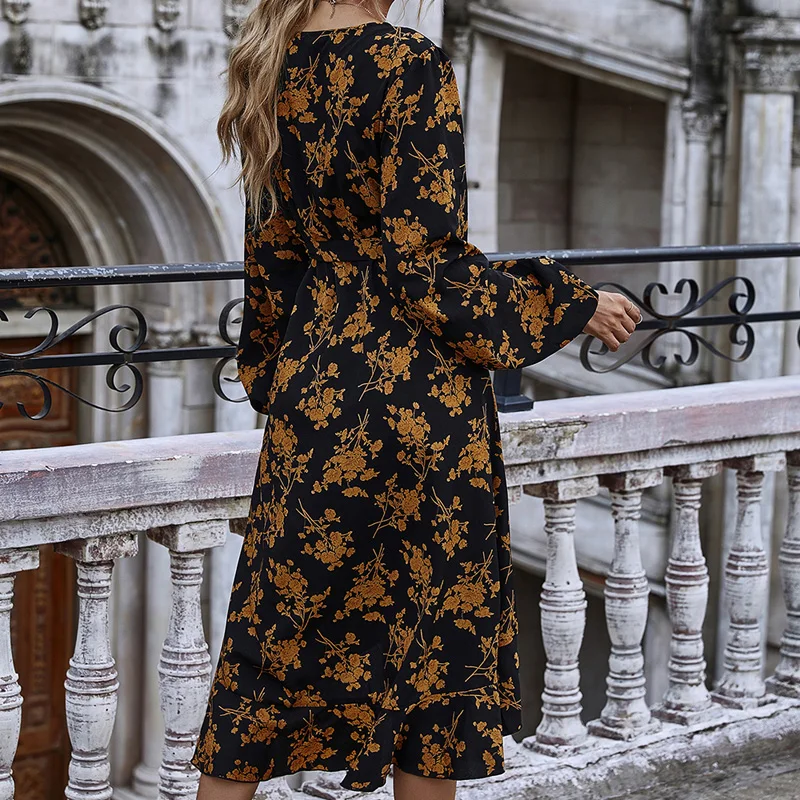 

Long Sleeve V-Neck Floral Print Midi Dress Bandage Irregular Hem Vintage Dress Women Spring Beach Boho Maxi Dress Casual Vestido