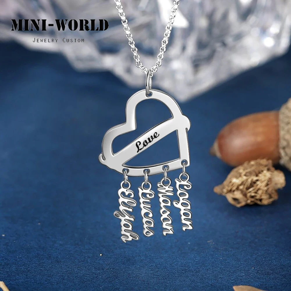 Mini-World Custom Heart Name Pendant Necklace Family Member Name Necklace Stainless Steel Personalized Jewelry for Mom Grandma