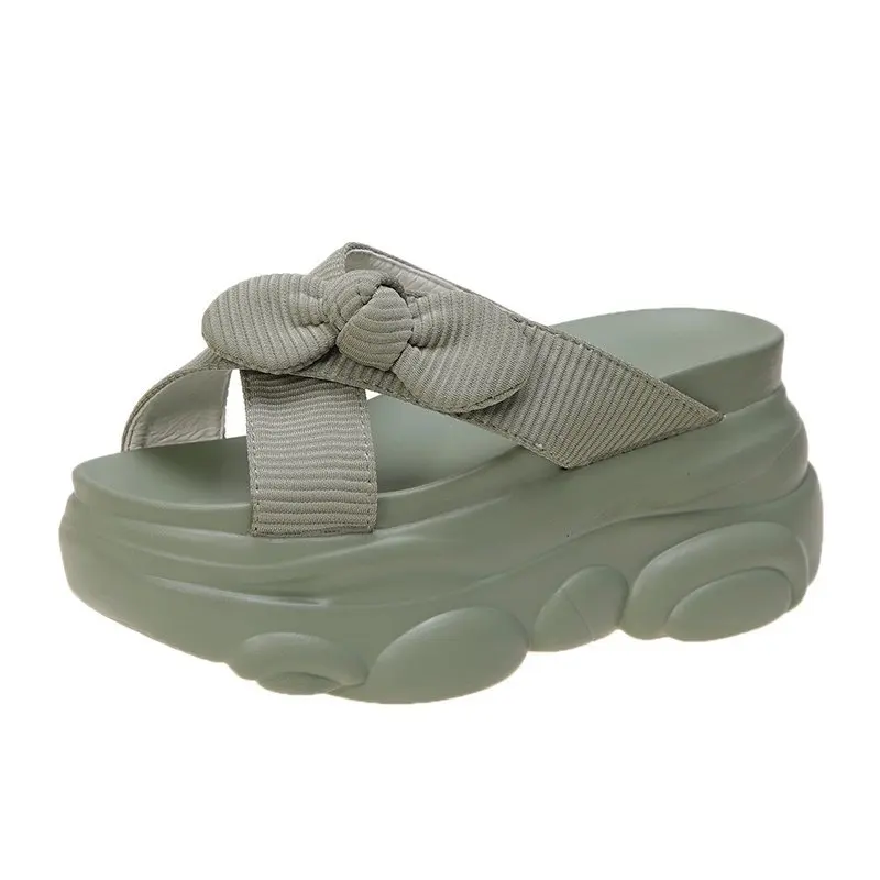 

Slippers Women Summer Shoes Pantofle Butterfly-Knot Heeled Mules Luxury Slides Platform 2021 High Designer Flat Fashion PU