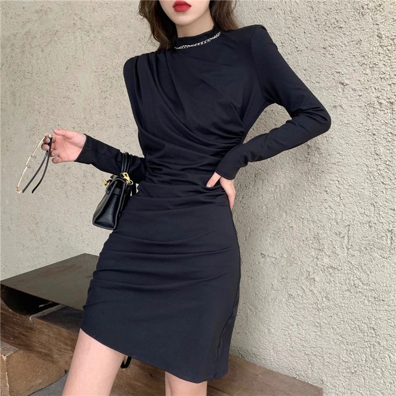 

Women Sexy Pleated Dress Female Long Sleeve Mini Dress Vestidos