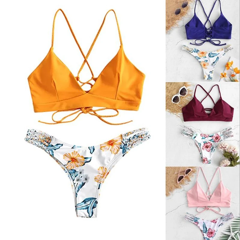 

Sexy Women Bra Set Flower Print Two Piece Swimsuit Sleeveless Swimwear Beachwear Off Shoulder Bra Suits Female Underwear Set