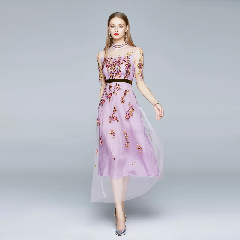 

JSXDHK Luxury Summer Holiday Maxi Dress High Quality Women Short Sleeve Mesh Flower Embroidery Ladies Elegant Party Long Dresses