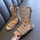 Босоножки-гладиаторы для маленьких девочек, кожаные босоножки, летние модные босоножки золотого и черного цвета с высоким верхом в римском стиле, детская обувь для малышей #3