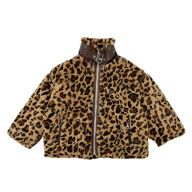 

Флисовая Куртка для девочек с леопардовым принтом, Осень-зима 2021, модная детская верхняя одежда с хлопковой подкладкой и высоким воротником...
