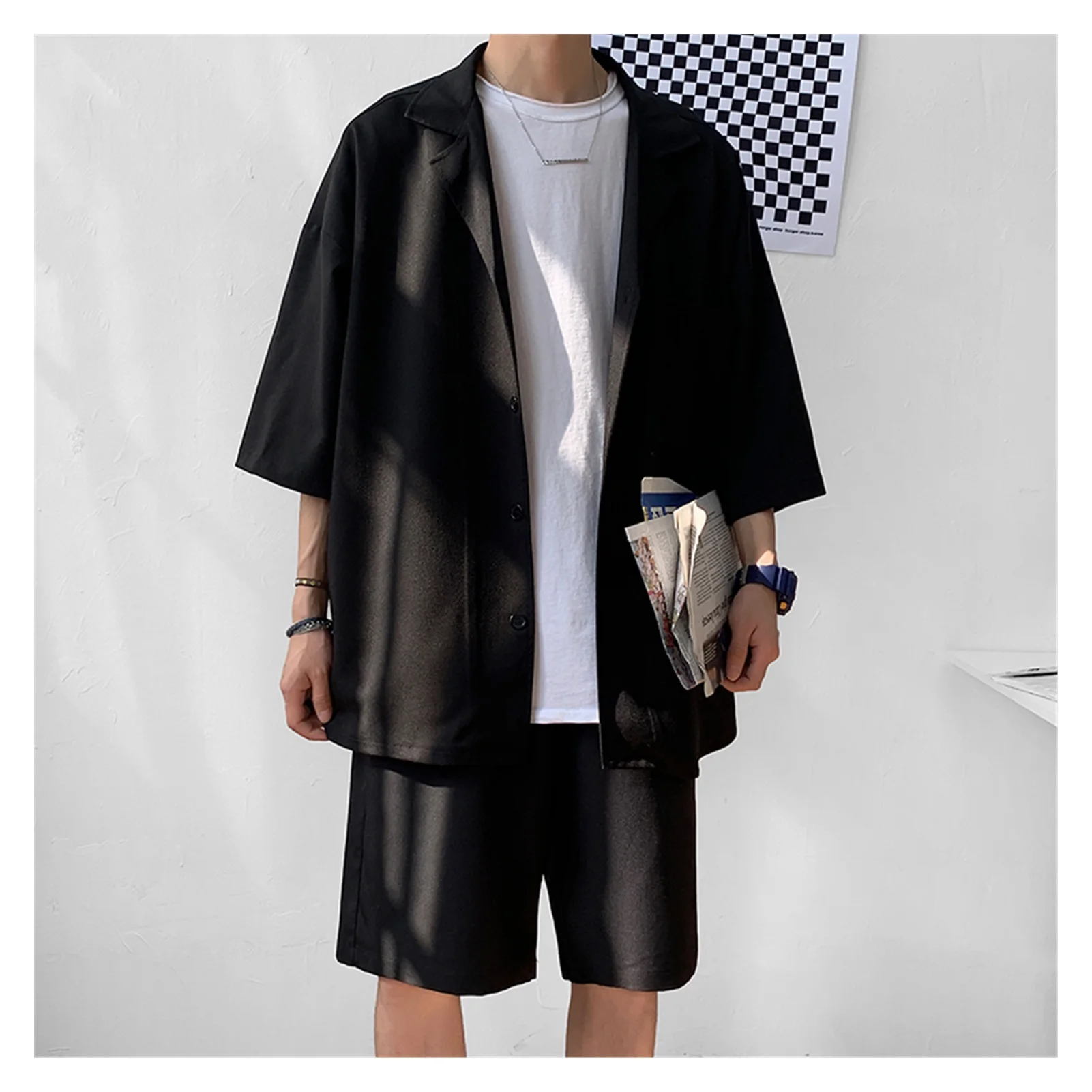 

2021NEW Xfh Korean Style Men's Set Suit Jacket and Shorts Solid Thin Short Sleeve Single Pocket Knee-Length Summer Oversized