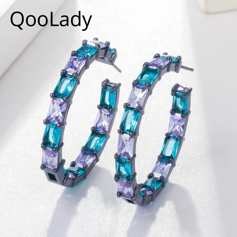 

Qooolady Роскошный дизайнерский черный Золотой квадратный светильник, синие фиолетовые круглые серьги-кольца с кубическим кристаллом, Свадебн...