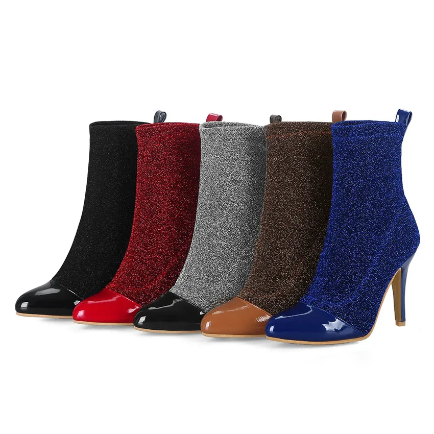 

Spring Autumn High Heel Mid Calf Boots Women Stretch Fabric Short Boots Woman Shoes Botas Muje Small Big Size 32 - 48