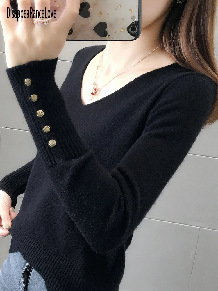 

Women Sweater Blue V-Neck Winter Fashion 2021 Clothes Batwing Sleeve Solid Casual Pullover Korean Knit New Fall Top
