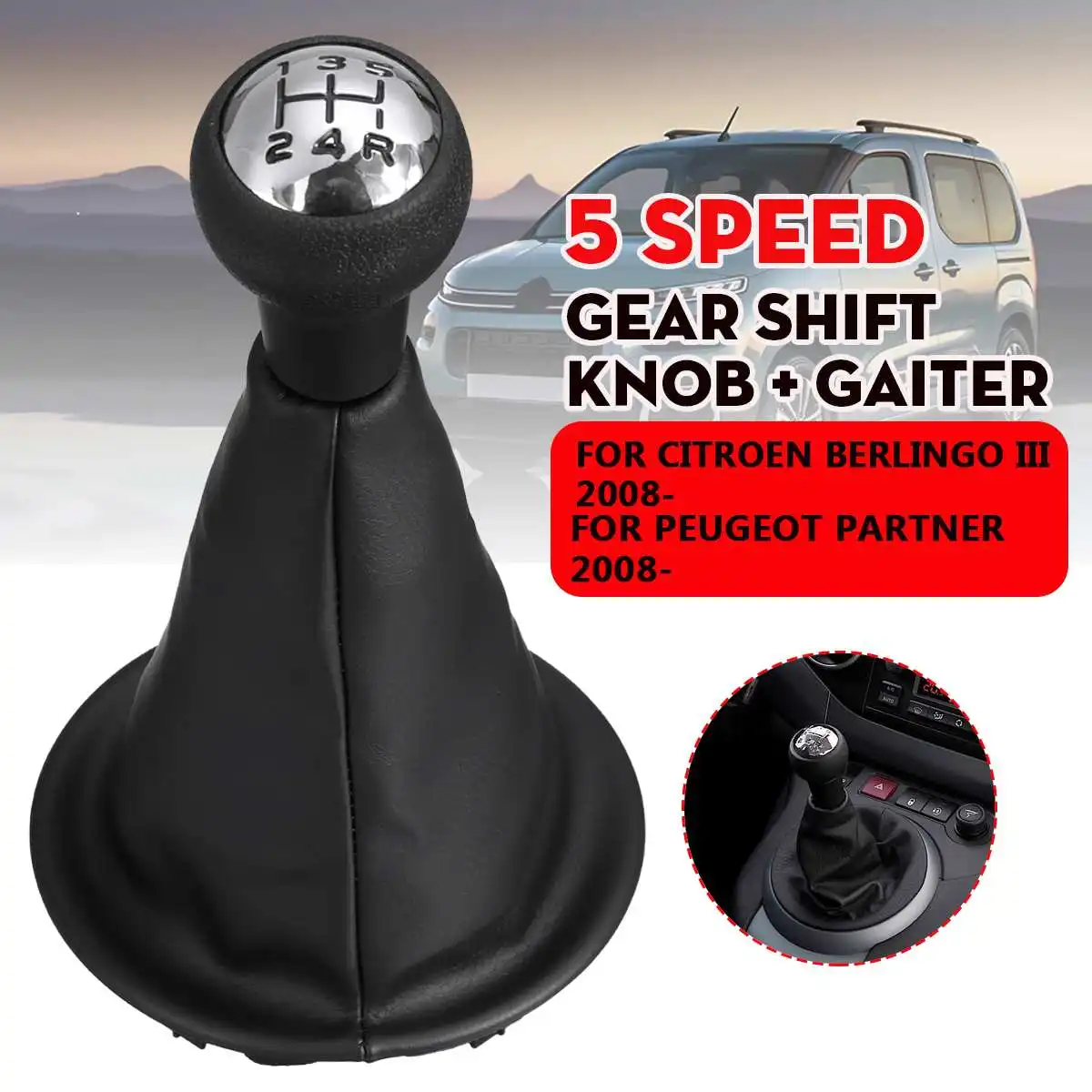 Car Gear Shift Knob Lever Shifter Stick Gaiter Boot Cover PU Leather For Citroen Berlingo III MK3 For Peugeot Partner 2008-on