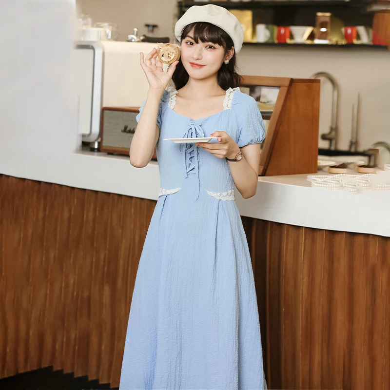 

Chic Khaki 2021 Summer New Style Puff Sleeve Square-Neck Cinched French Short Sleeve Dress Lace Fairy Long Dress