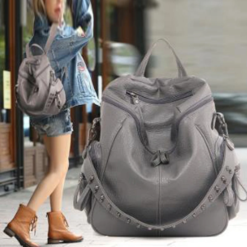 

Women Backpack Purse 3 Ways PU Washed Leather Rivet Studded Ladies Rucksack Shoulder Bag Black Gray