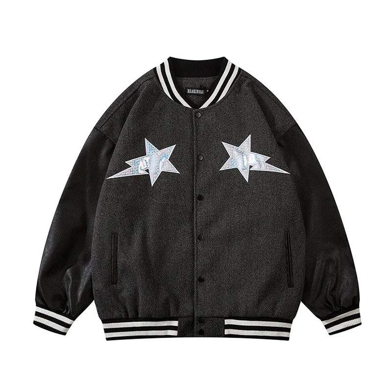 

2021 spring new national tide American PU leather stitching sleeves neutral embroidery reflective baseball uniform jacket jacket