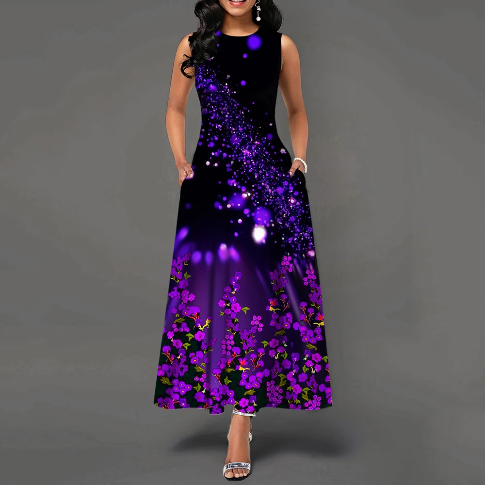 Женское винтажное платье макси с цветочным принтом без рукавов круглым вырезом