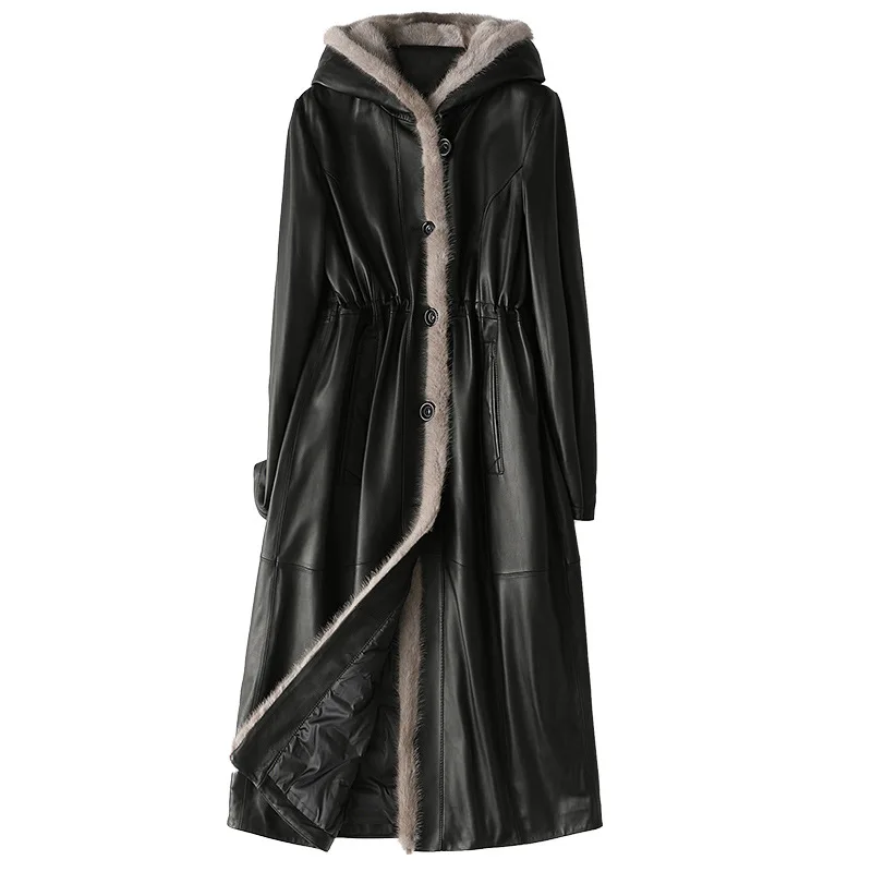 Winter Fashion Genuine Leather Jacket Coat Real Mink Fur Collar Hooded Black Long Coats Plus Size 3XL Chaqueta Cuero Mujer